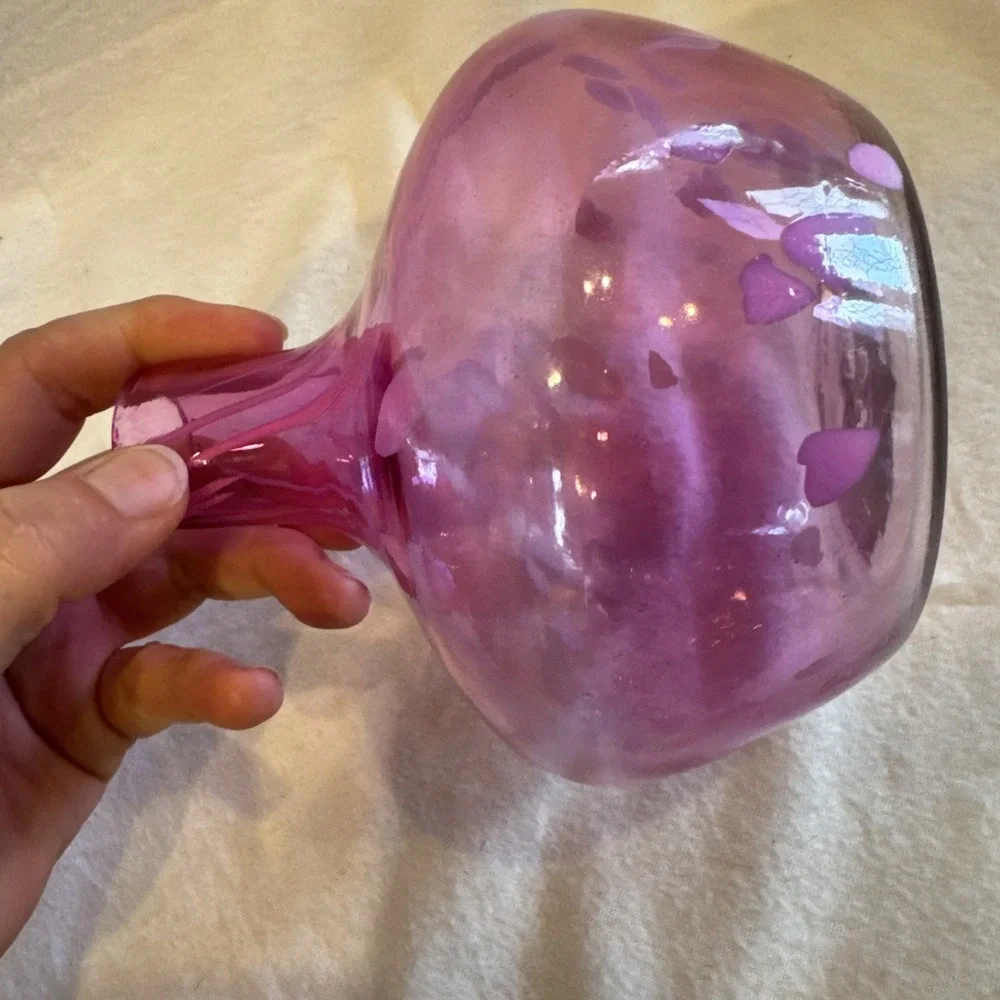 Glass‎ Pink Splatter Onion Shaped Vase Mid Century Modern Hand Blown Art 6